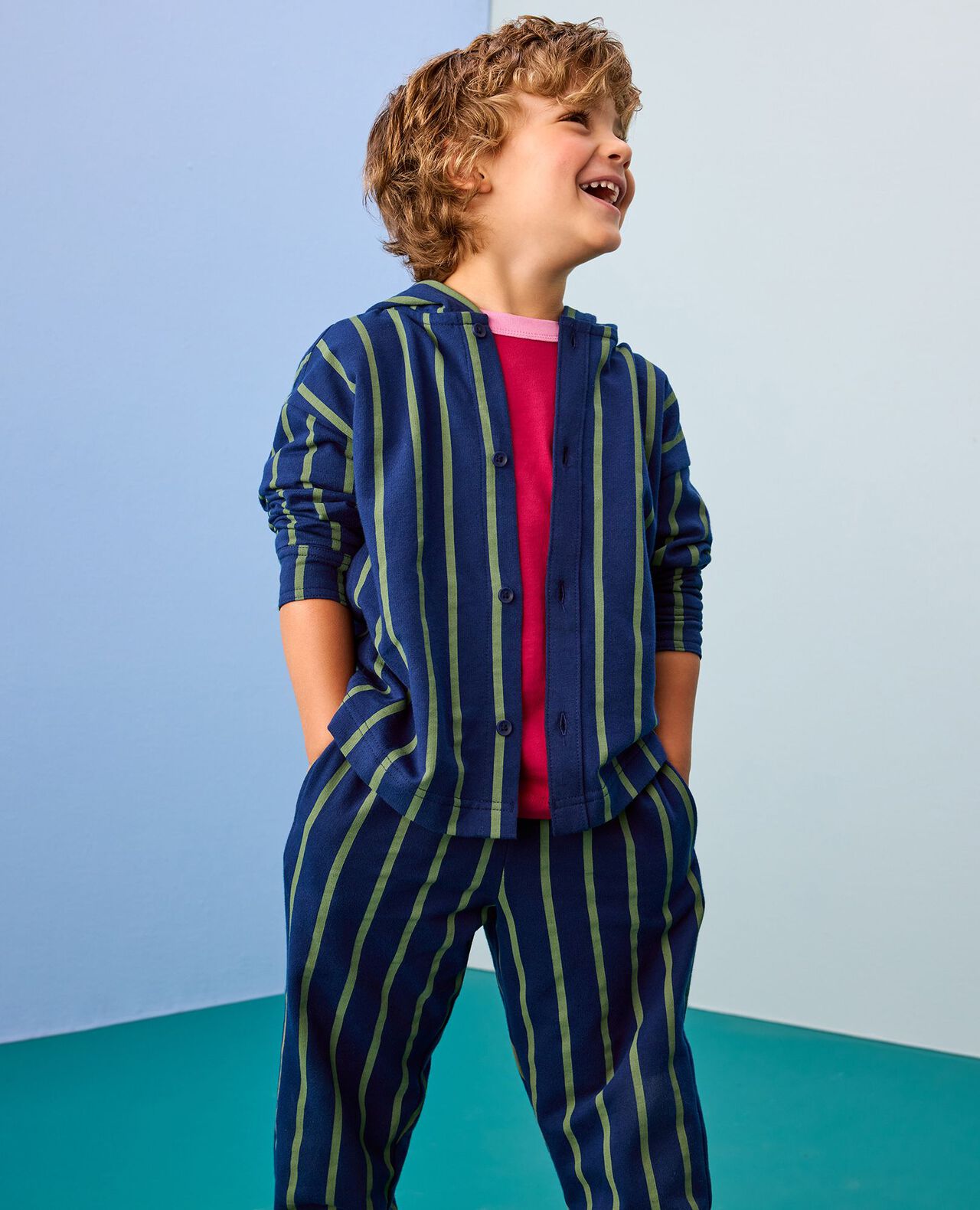 French Terry Hooded Striped Button Up Shirt - Image 3