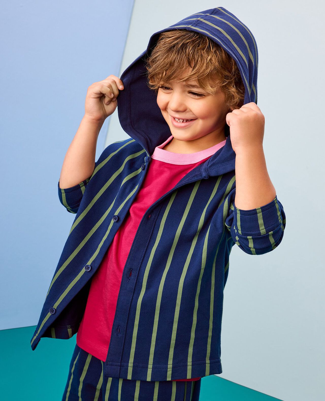 French Terry Hooded Striped Button Up Shirt - Image 4