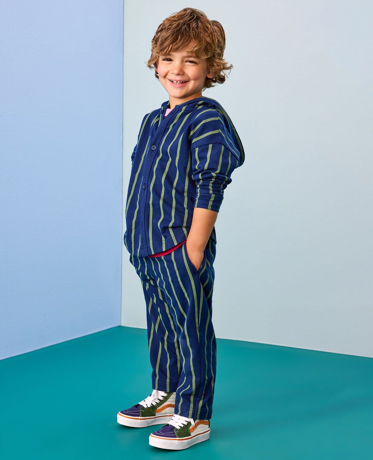 French Terry Hooded Striped Button Up Shirt - Image 5