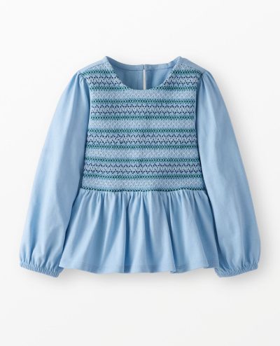 Long Sleeve Embroidered Smocked Peplum Top